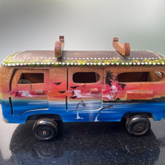 VW Volkswagon Hippie Wooden Van Bus Model Hand Painted Dolphins Surfboard Rack - Picture 4 of 6